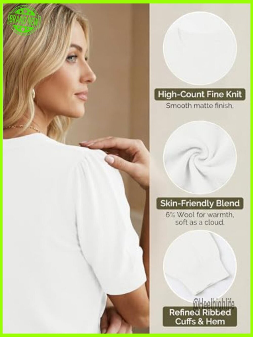 Cropped Wool Blend Sweater Puff Sleeve Crew Neck Pullover Lightweight Top - Picture 6 of 7